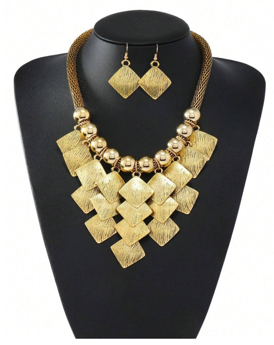SHEIN 2pcs Earrings & 1pc Multilayer Geometric Beaded Block Chain Tassel Necklace