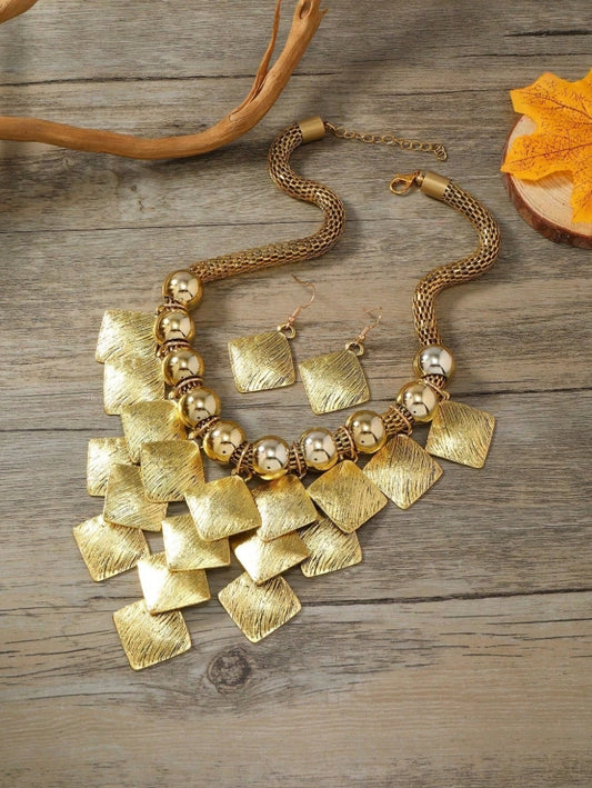 SHEIN 2pcs Earrings & 1pc Multilayer Geometric Beaded Block Chain Tassel Necklace