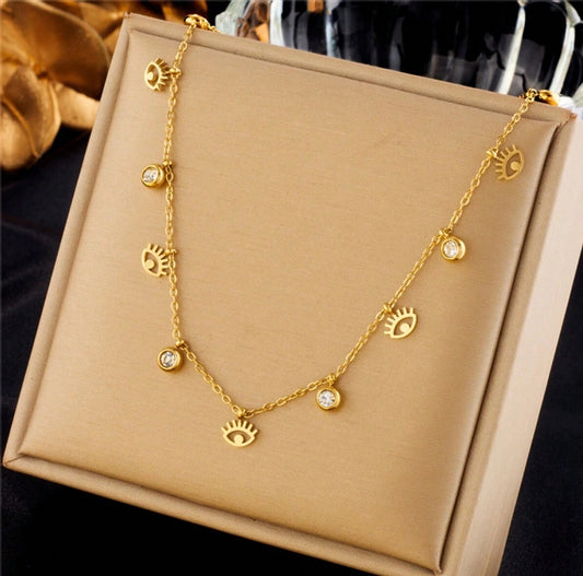 SHEIN Aritio 1pc 18K Gold Plated Stainless Steel Demon Eye Cubic Zirconia Pendant Necklace