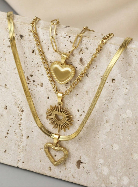 SHEIN 3pcs Stainless Steel Golden Yellow Love Series Of 3 Different Styles Of Necklaces And Pendants