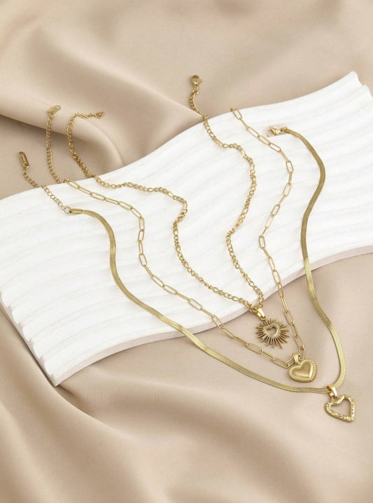 SHEIN 3pcs Stainless Steel Golden Yellow Love Series Of 3 Different Styles Of Necklaces And Pendants