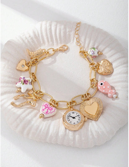 1 Pc Ceramic Starfish, Heart, Bow Charm Bracelet, Faux Clock Watch Charm Bracelet