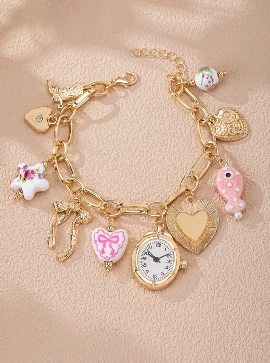 1 Pc Ceramic Starfish, Heart, Bow Charm Bracelet, Faux Clock Watch Charm Bracelet