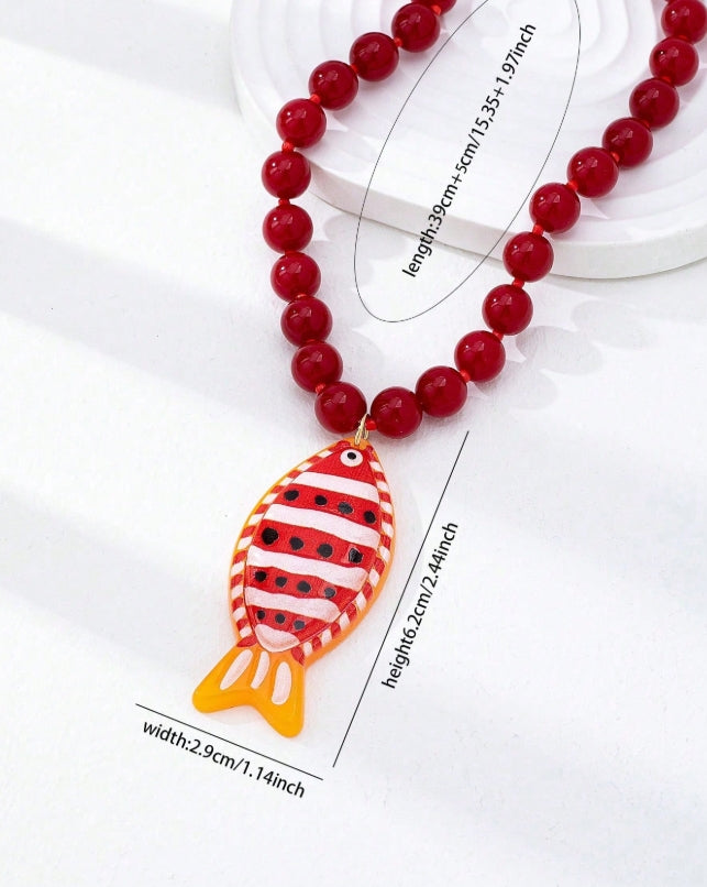 1/2pcs Red Beaded Necklace With Crab And Fish Pendants,