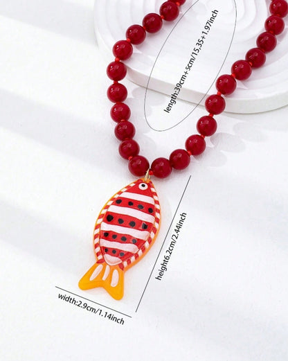 1/2pcs Red Beaded Necklace With Crab And Fish Pendants,