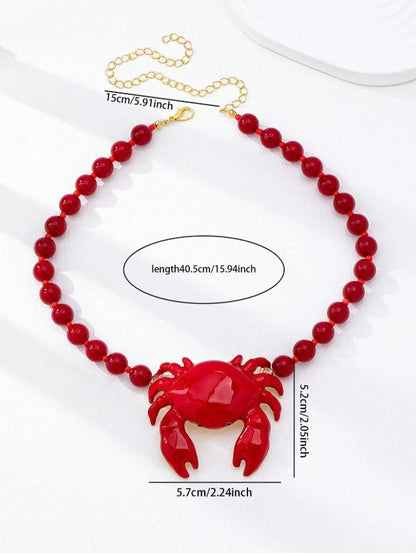 1/2pcs Red Beaded Necklace With Crab And Fish Pendants,