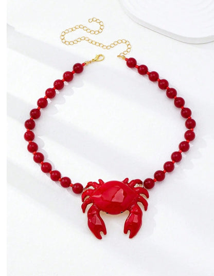 1/2pcs Red Beaded Necklace With Crab And Fish Pendants,