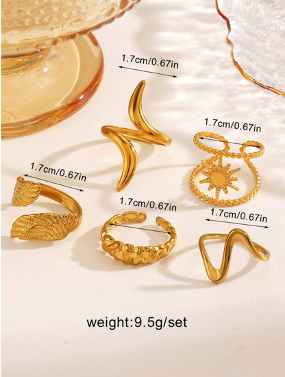 SHEIN 5pcs Stainless Steel 18K Gold Plated Wing Line Open Rings