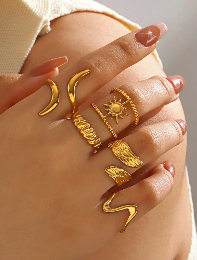 SHEIN 5pcs Stainless Steel 18K Gold Plated Wing Line Open Rings