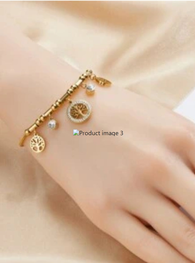 SHEIN 1pc Rhinestone Inlaid Tree Of Life Round Pendant Stainless Steel Chain Bracelet,