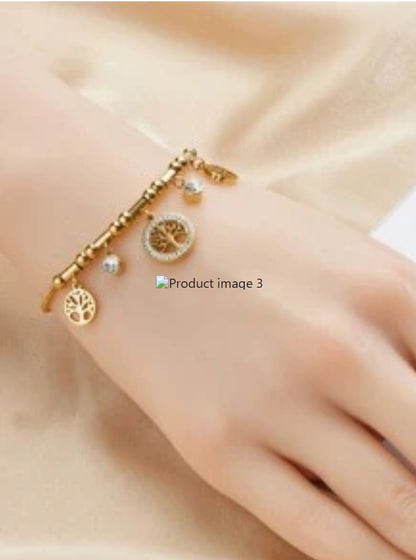 SHEIN 1pc Rhinestone Inlaid Tree Of Life Round Pendant Stainless Steel Chain Bracelet,