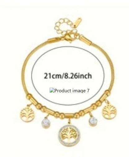 SHEIN 1pc Rhinestone Inlaid Tree Of Life Round Pendant Stainless Steel Chain Bracelet,