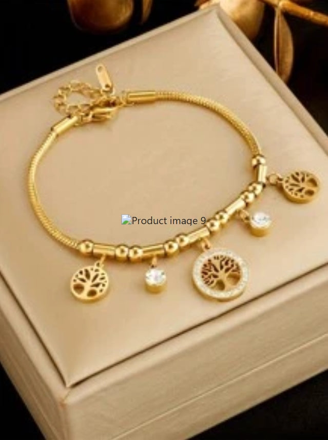 SHEIN 1pc Rhinestone Inlaid Tree Of Life Round Pendant Stainless Steel Chain Bracelet,