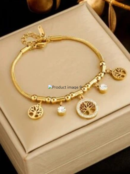 SHEIN 1pc Rhinestone Inlaid Tree Of Life Round Pendant Stainless Steel Chain Bracelet,
