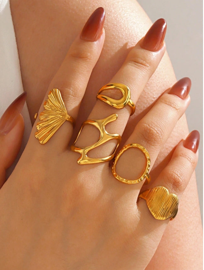 SHEIN 5pcs Stainless Steel 18K Gold Plated Geometric Heart & Circle Ring Set