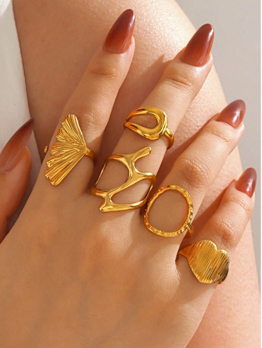 SHEIN 5pcs Stainless Steel 18K Gold Plated Geometric Heart & Circle Ring Set