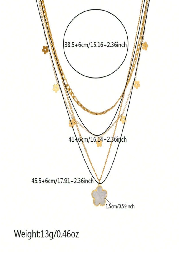 SHEIN pc Multilayered Retro Style Shiny Shell Flower Pendant Stainless Steel Chain Necklace