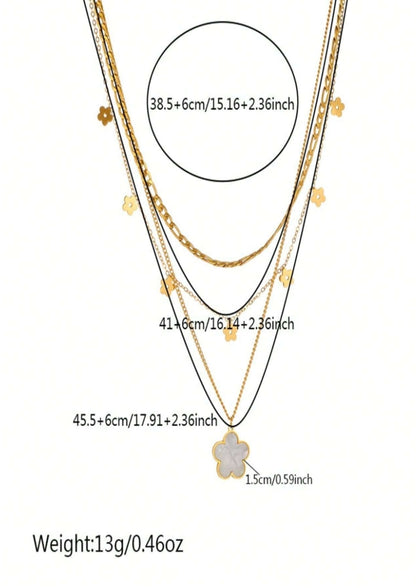 SHEIN pc Multilayered Retro Style Shiny Shell Flower Pendant Stainless Steel Chain Necklace