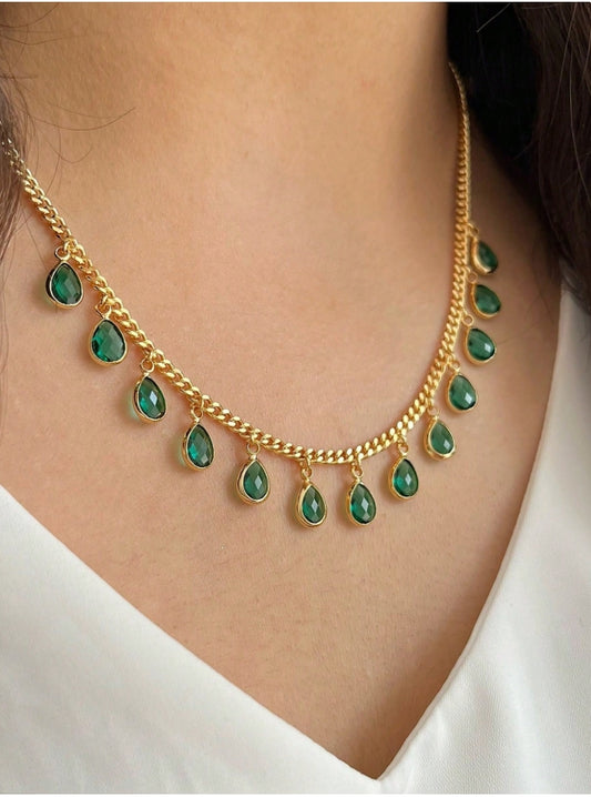 SHEIN 1pc Luxury Green Water Drop Shaped Zirconia Necklace For Women