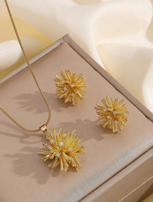 SHEIN 1 Set Stainless Steel Shiny Flower Necklace & Earrings, Luxury Micro-Inlaid Personalized Banquet Jewelry Gift