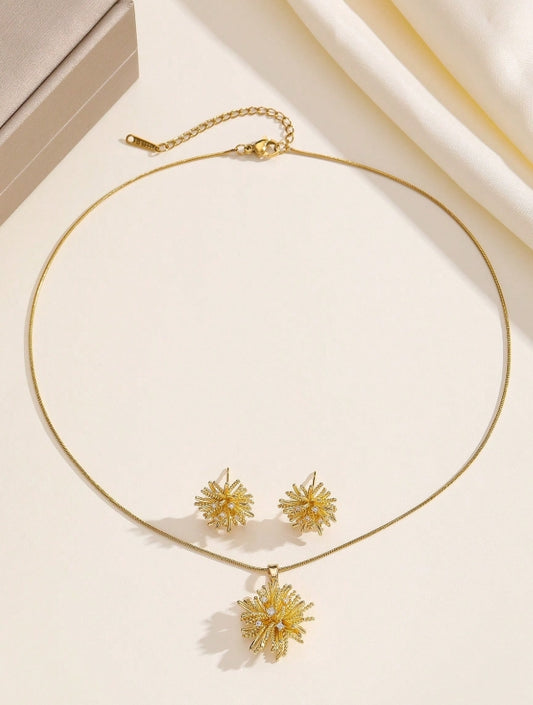 SHEIN 1 Set Stainless Steel Shiny Flower Necklace & Earrings, Luxury Micro-Inlaid Personalized Banquet Jewelry Gift