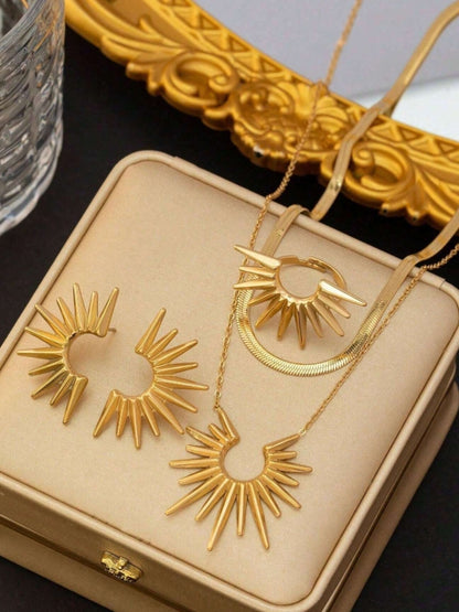 SHEIN pcs/Set Stainless Steel Sunflower Pendant Necklace + Earrings + Ring Jewelry Set