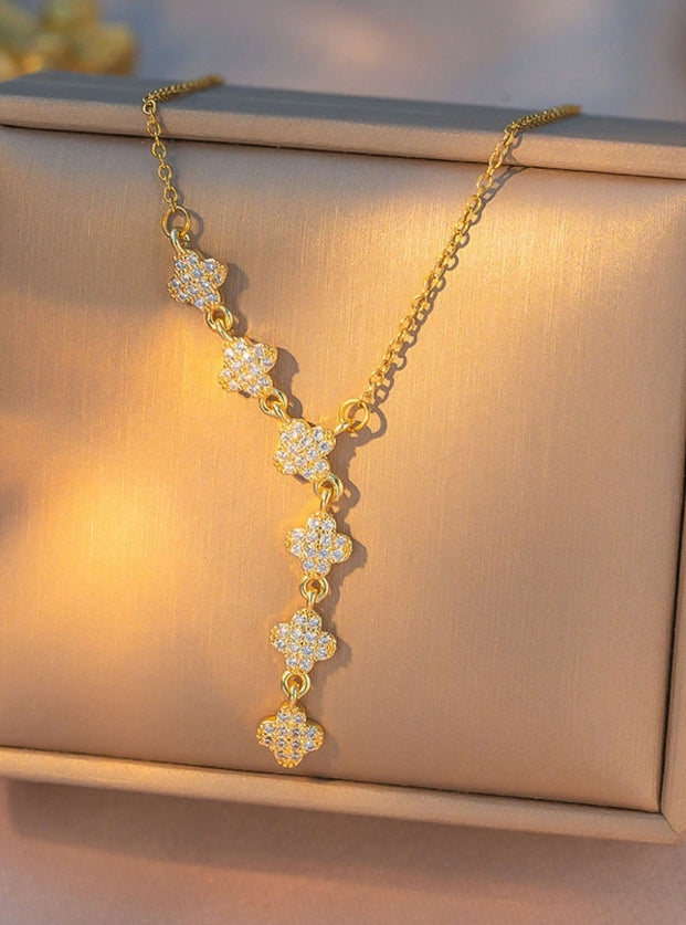 SHEIN 1pc Stainless Steel Luxury Tassel Clover Micro-Inlaid Full Diamond Necklace