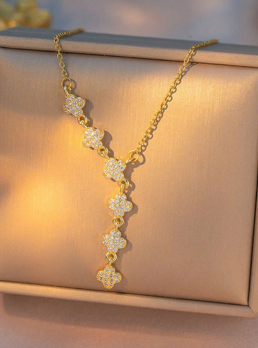 SHEIN 1pc Stainless Steel Luxury Tassel Clover Micro-Inlaid Full Diamond Necklace