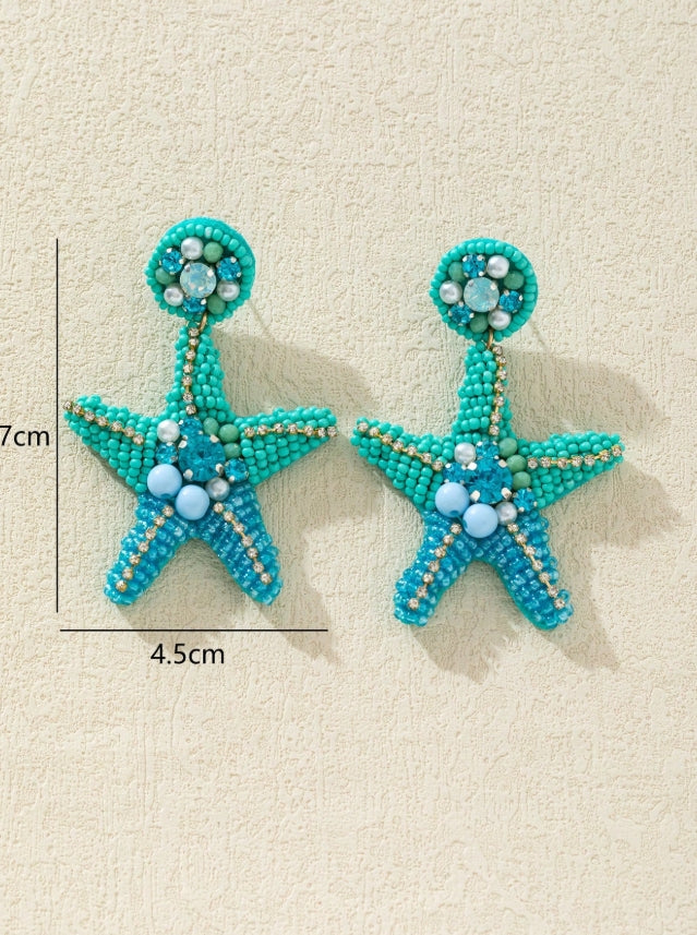 WinLeaf 1 Pair Heavy-Duty Starfish Shaped Rice Bead & Rhinestone Earrings