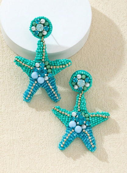 WinLeaf 1 Pair Heavy-Duty Starfish Shaped Rice Bead & Rhinestone Earrings