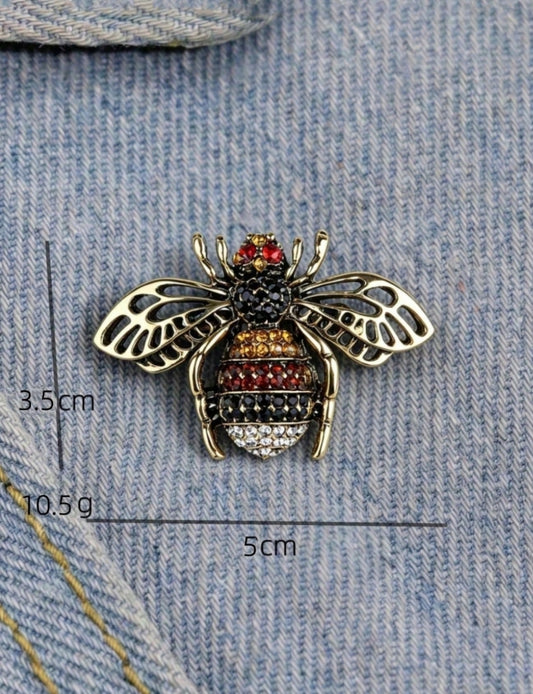 Vintage Enamel Bee Brooch Pin, Gold Tone With Black Rhinestones And Colorful Enamel, Insect Brooch