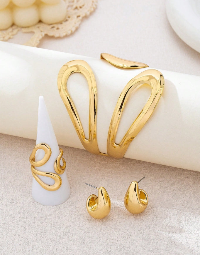 SHEIN 4pcs/Set Fashionable Metallic Geometric Hollow Water Drop Shaped Ring, Bracelet, Earring