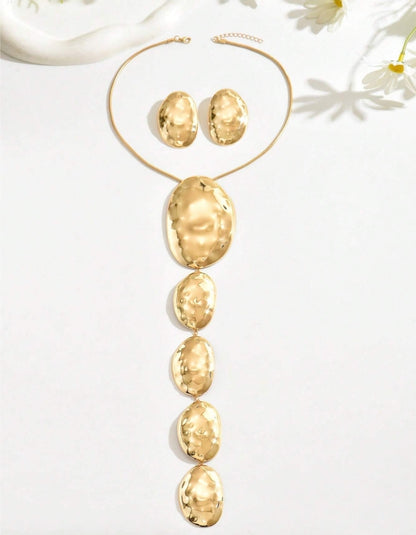 SHEIN 2pcs/Set Metallic Geometric Asymmetrical Hammered Texture Graduated Size Extra Long Pendant Necklace & Earrings Jewelry Set