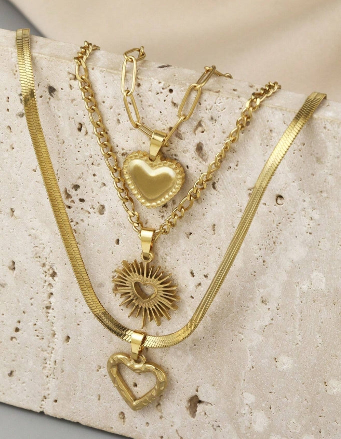 SHEIN 3pcs Stainless Steel Golden Yellow Love Series Of 3 Different Styles Of Necklaces And Pendants