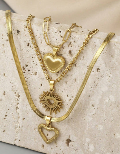 SHEIN 3pcs Stainless Steel Golden Yellow Love Series Of 3 Different Styles Of Necklaces And Pendants