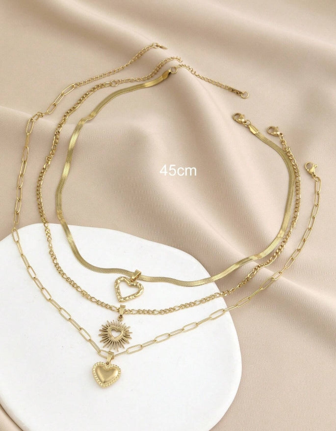 SHEIN 3pcs Stainless Steel Golden Yellow Love Series Of 3 Different Styles Of Necklaces And Pendants
