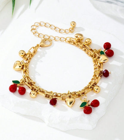 SHEIN 1pc Asymmetrical Shell Bracelet, Vibrant Red Cherry & Apple Shaped Charm