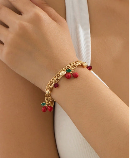 SHEIN 1pc Asymmetrical Shell Bracelet, Vibrant Red Cherry & Apple Shaped Charm