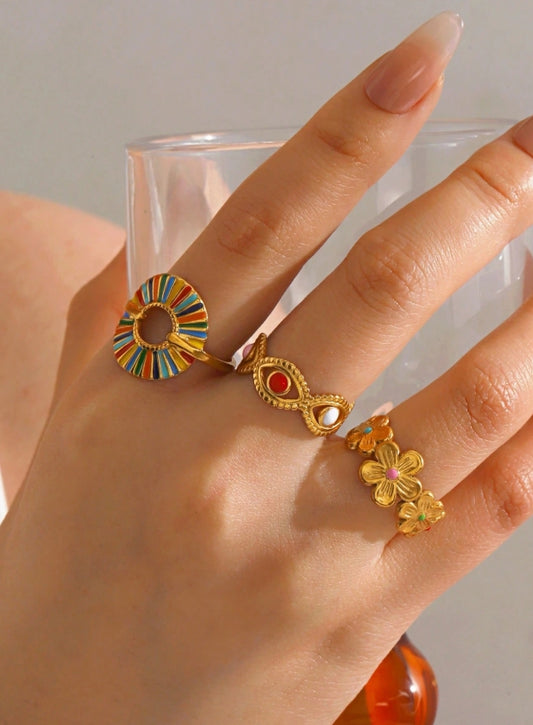3pcs/Set Stainless Steel Minimalist Colorful Enamel Round Floral Open Ring Set