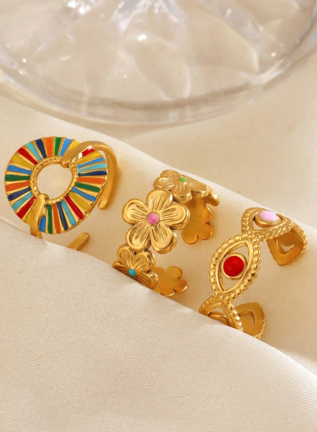 3pcs/Set Stainless Steel Minimalist Colorful Enamel Round Floral Open Ring Set