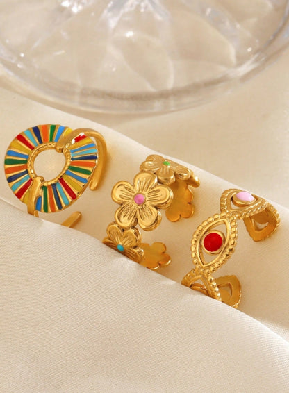 3pcs/Set Stainless Steel Minimalist Colorful Enamel Round Floral Open Ring Set