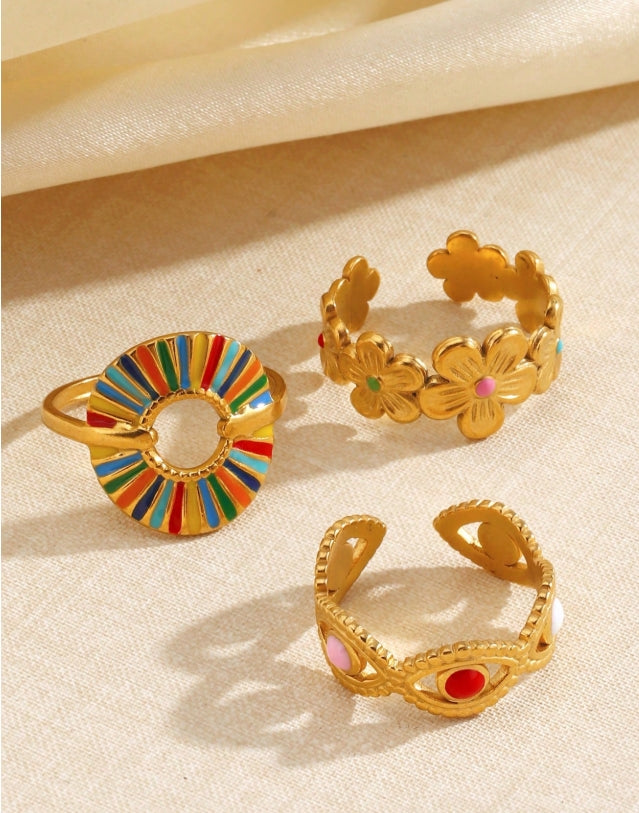 3pcs/Set Stainless Steel Minimalist Colorful Enamel Round Floral Open Ring Set