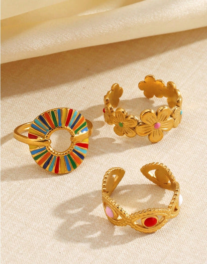 3pcs/Set Stainless Steel Minimalist Colorful Enamel Round Floral Open Ring Set