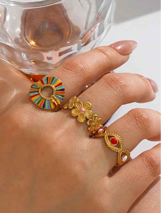 3pcs/Set Stainless Steel Minimalist Colorful Enamel Round Floral Open Ring Set