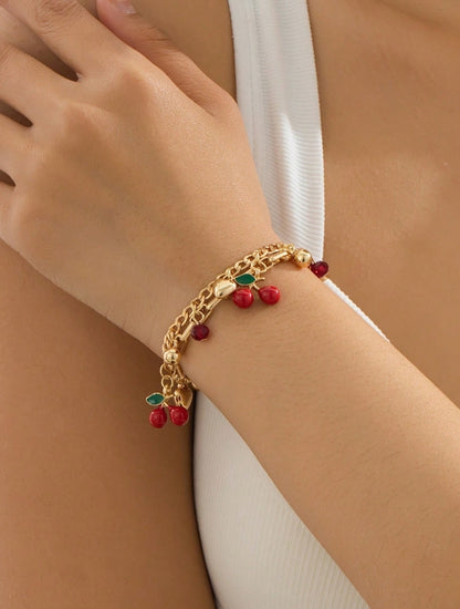 1pc Asymmetrical Shell Bracelet, Vibrant Red Cherry & Apple Shaped Charm,