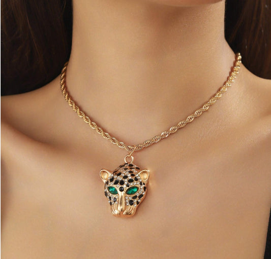 SHEIN 1pc Hip Hop Necklace, Street Party Rock 14k Electroplated Diamante Leopard Head Pendant Chain