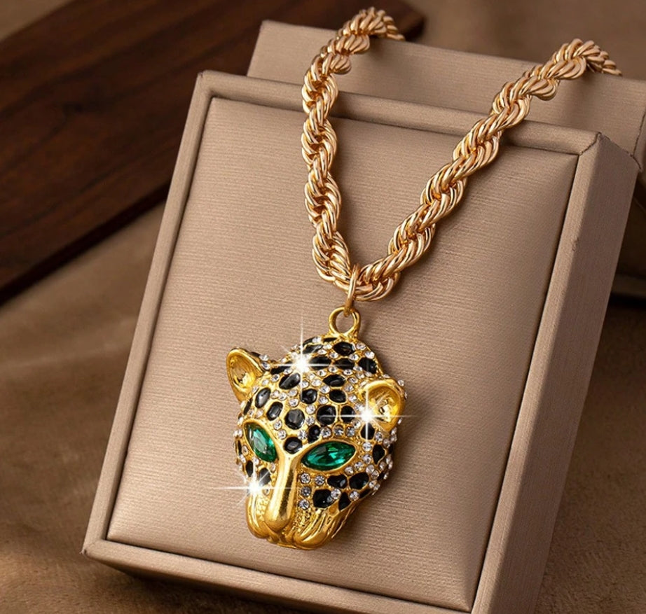 SHEIN 1pc Hip Hop Necklace, Street Party Rock 14k Electroplated Diamante Leopard Head Pendant Chain