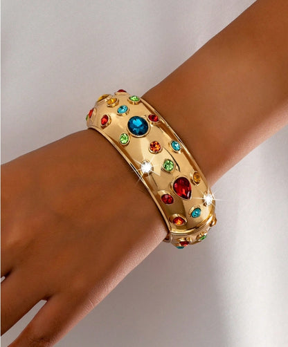 SHEIN 1pc Elegant, Classic & Versatile European Style Metal Inlaid Asymmetrical Colorful Gemstone Cuff Bracelet