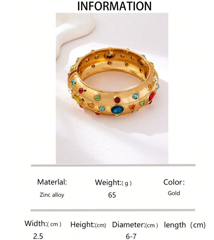 SHEIN 1pc Elegant, Classic & Versatile European Style Metal Inlaid Asymmetrical Colorful Gemstone Cuff Bracelet