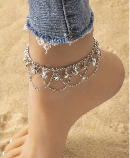 SHEIN 1pc Europe And America Style Metal Layered Chain Anklet With Bell Pendant Design